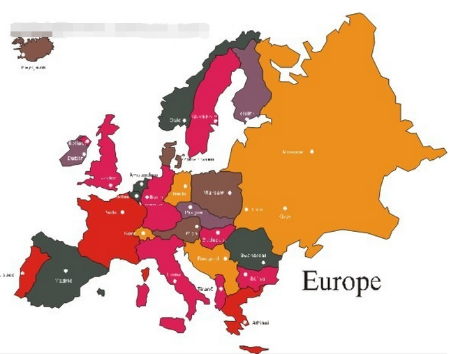 而欧洲(europe)面积1016万平方公里,共45个国家和地区.在地图上看就是