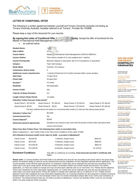 IDP留学成功案例-蓝山国际酒店管理学院硕士录取通知书