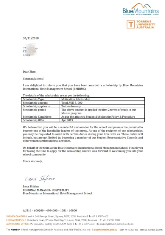 IDP留学成功案例-蓝山国际酒店管理学院奖学金